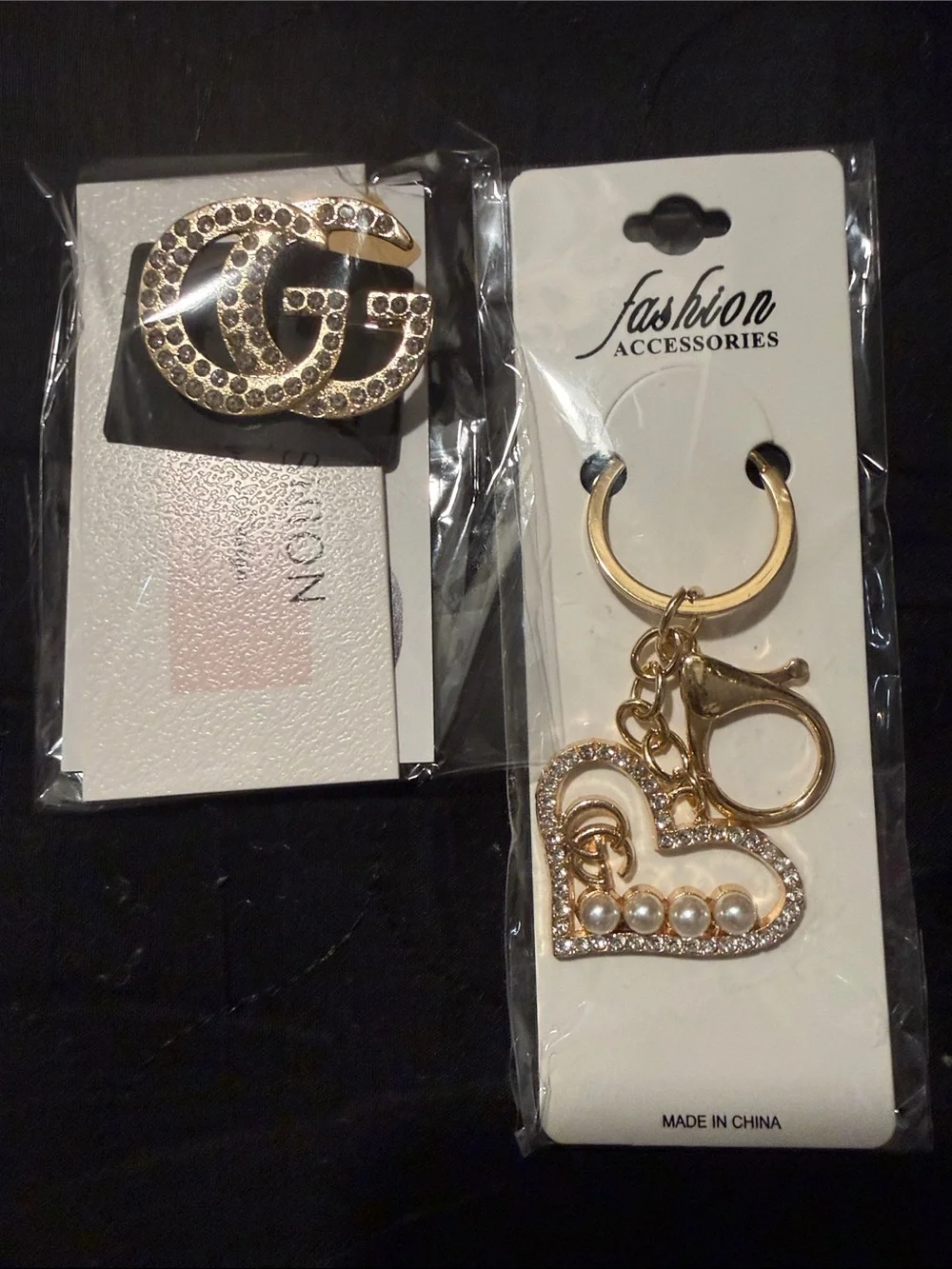 Fashion Jewelry Silver Heart Key Chain& Gold Crystal GG Brooch Set